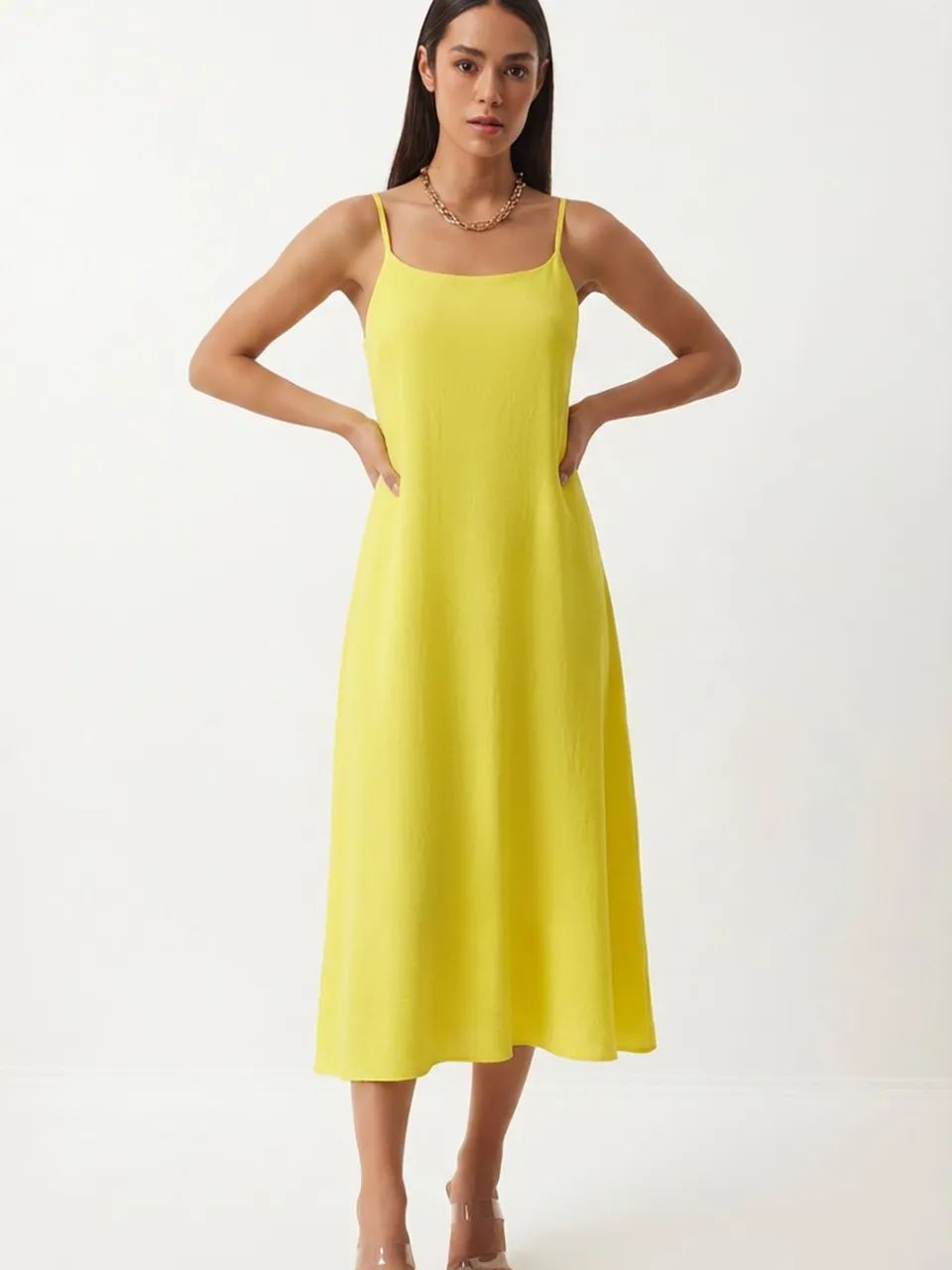 Happiness Istanbul Katoenen Poplin Midi Slip Jurk geel, foto 2