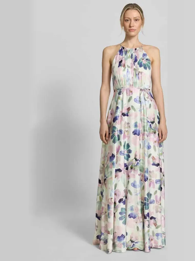 Jake*s Cocktail Maxi-jurk van satijn met bindceintuur Ecru