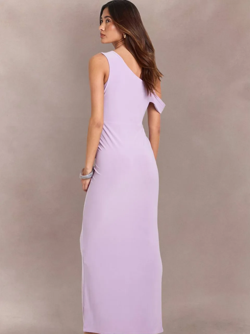 boohoo Dames Dubbele Laag Slinky Drape Voorkant Cold Shoulder Maxi Jurk lila, foto 3