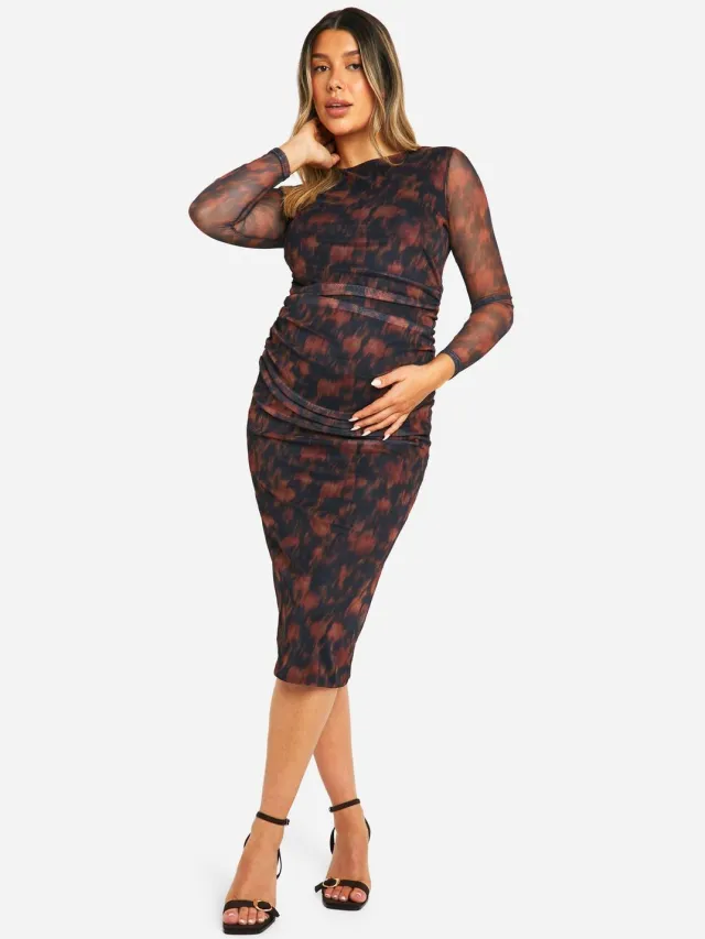 boohoo Dames Zwangerschapsjurk met wazige bloemenprint, mesh met geraffineerde details, lange mouwen, midaxi-jurk Chocoladebruin