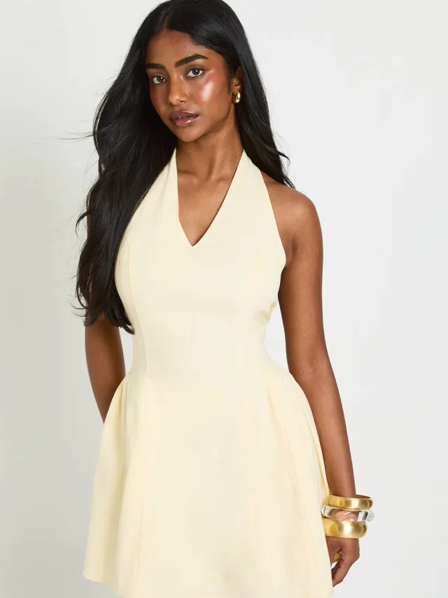 boohoo Dames Halter Mini-jurk Met Volle Rok Citroen