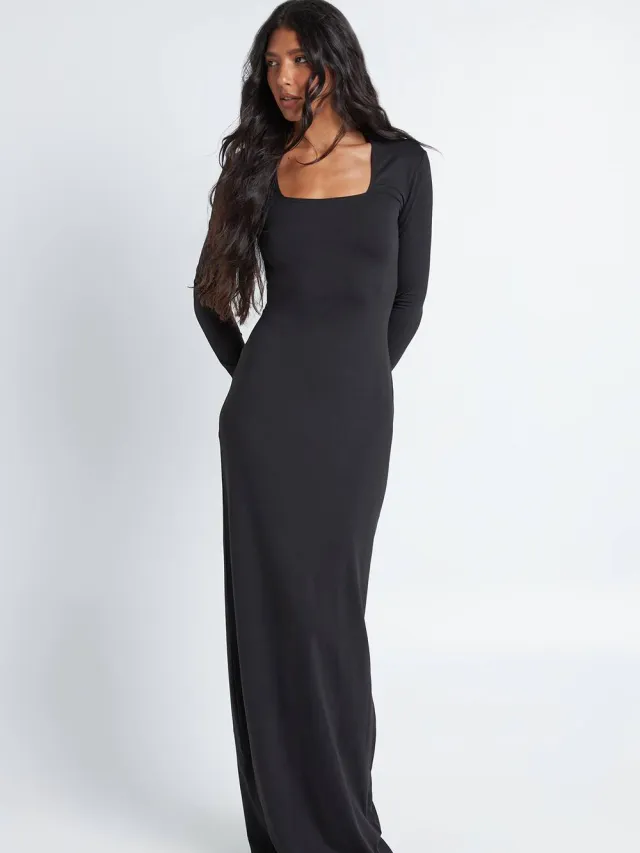 boohoo Dames Lange Basis Superzachte Maxi-jurk Met Vierkante Hals En Lange Mouwen Zwart