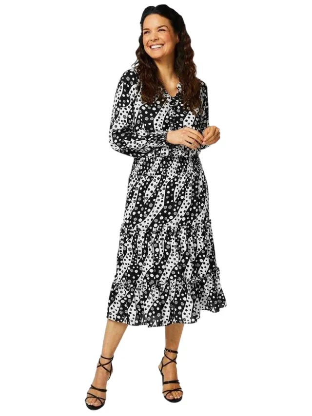 Biba Midi-jurk voor dames met getailleerde taille (Zwart, Wit)