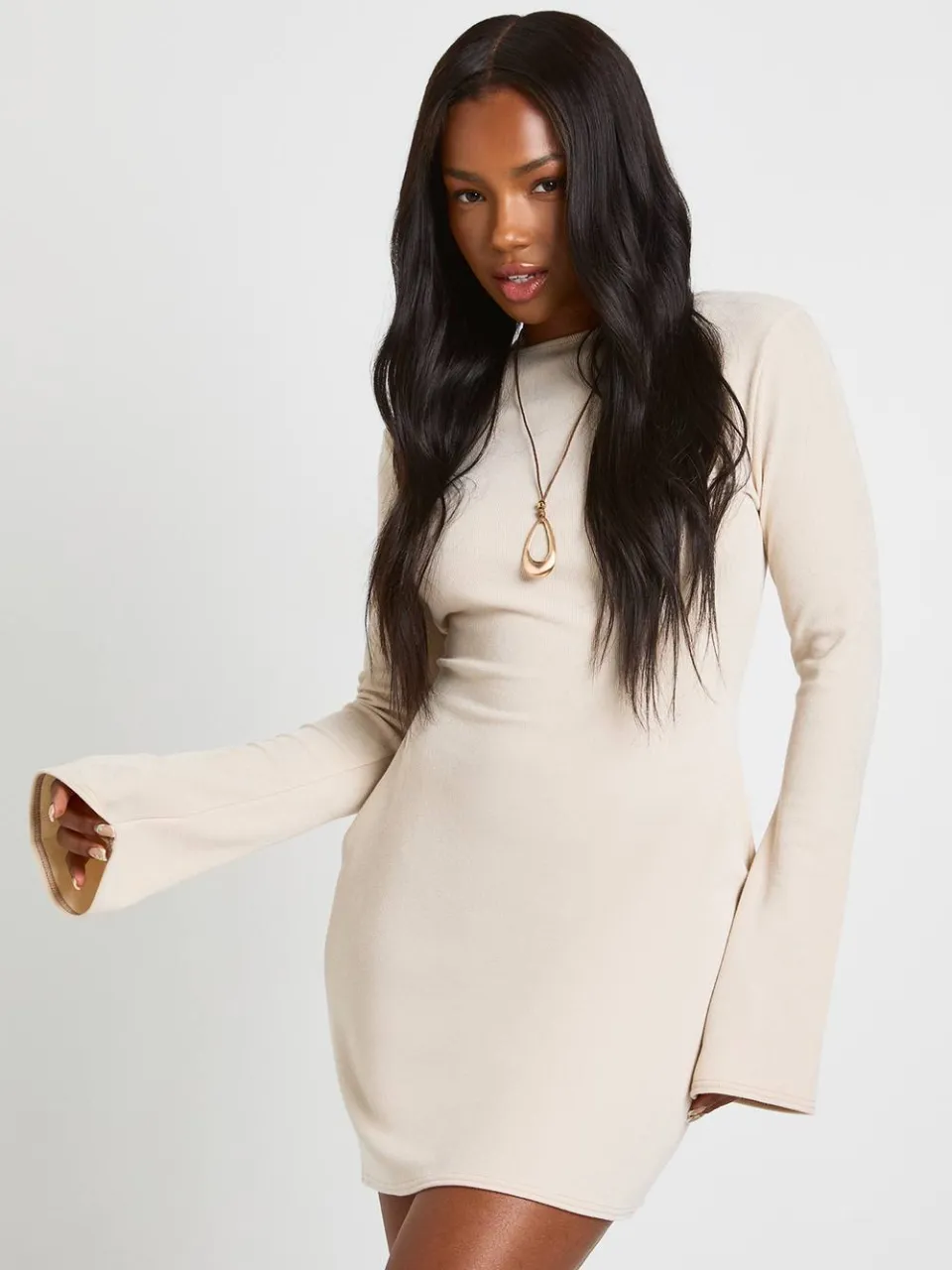 boohoo Dames Geribbelde Lange Mouwen Shift Jurk Beige