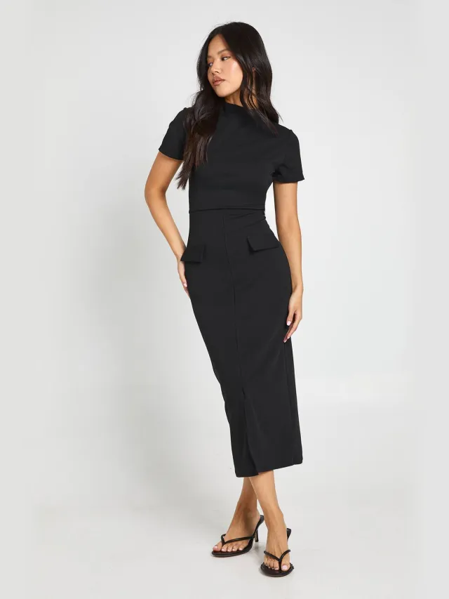 boohoo Dames Petite Crêpe Midi-jurk Met Hoge Hals En Zakdetail Zwart