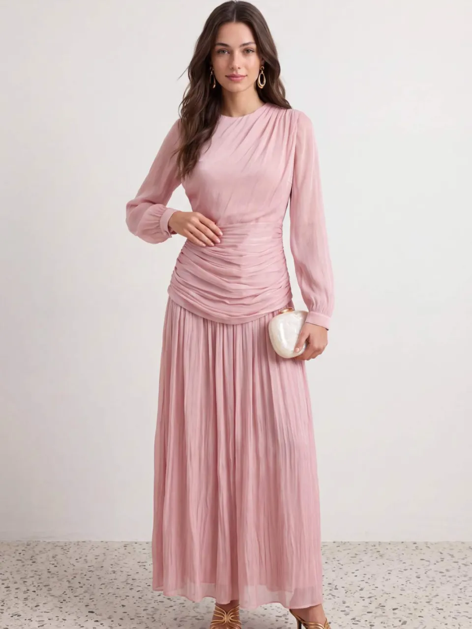 Trendyol Modest Dames Roze Effen Maxi Lang Stijlvol/Avond Skater Modest Avond Jurken