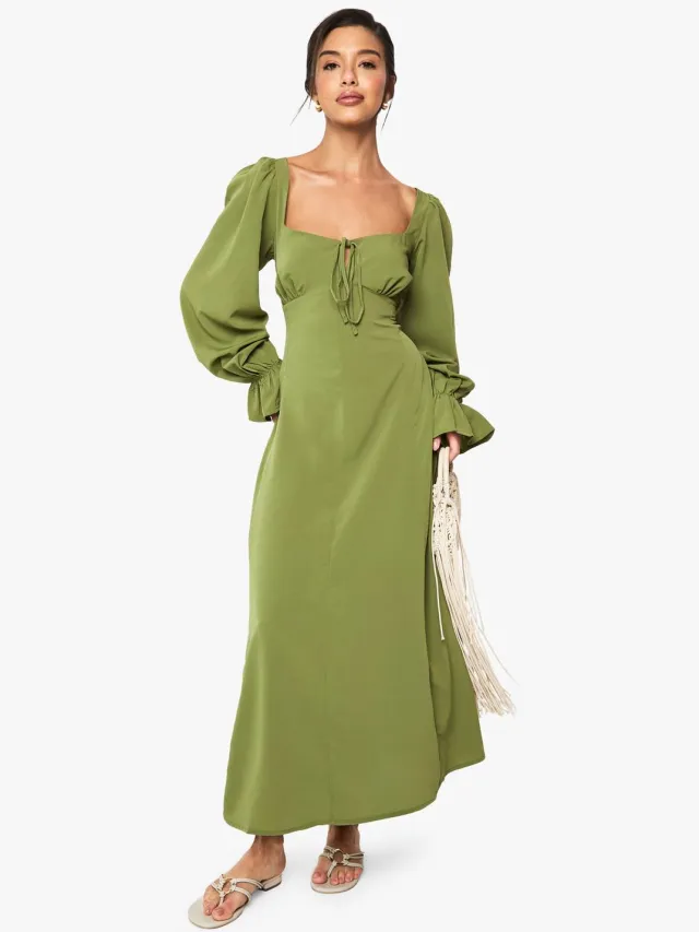 boohoo Dames Getextureerde Milkmaid Maxi-jurk Olijf
