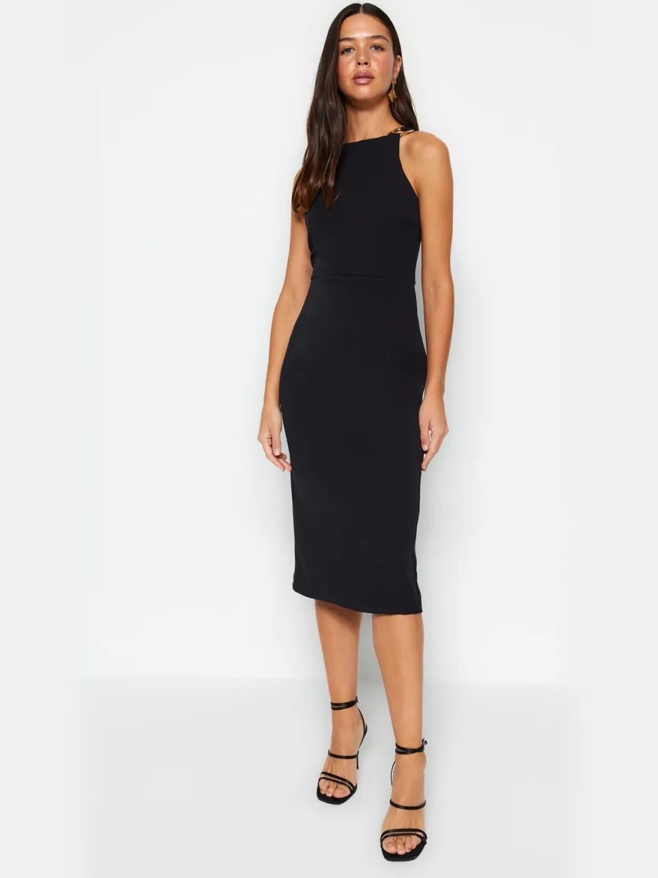 Trendyol TRENDYOLMİLLA Dames Zwart Effen Midi Mouwloos Avond / Dagelijks Bodycon Jurken