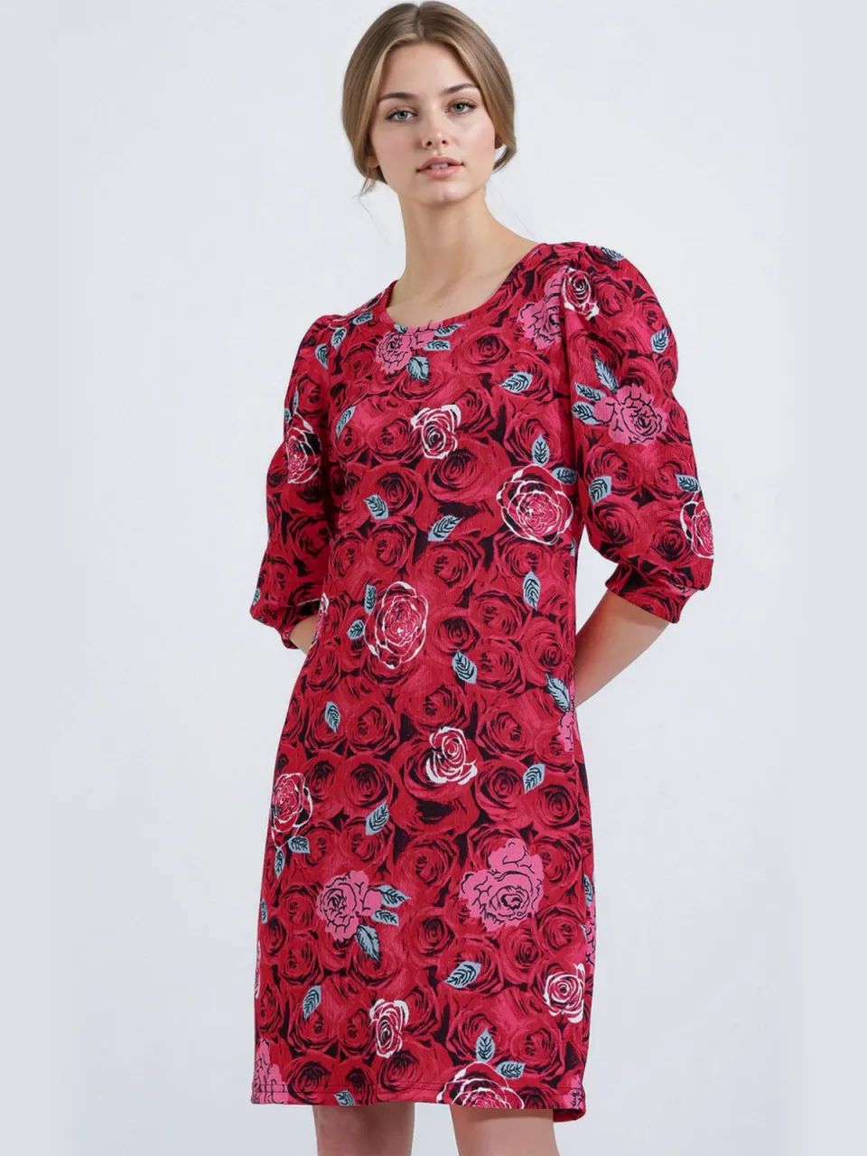Big Dart Geborduurde Bloemen Midi-jurk met Driekwart Mouwen bordeauxrood, foto 2