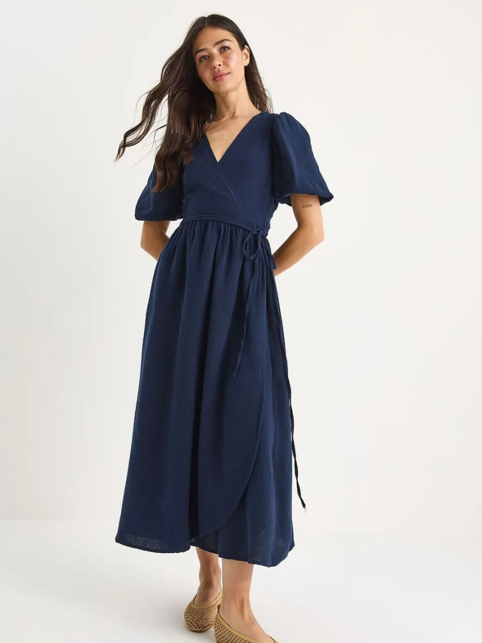 Bianco Lucci Gestructureerde V-hals Midi-jurk met Wikkelsluiting marineblauw, foto 2