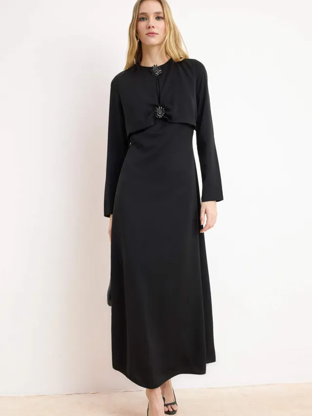 Trendyol Modest Dames Zwart Effen Maxi Lang Stijlvol/Avond Skater Modest Avond Jurken