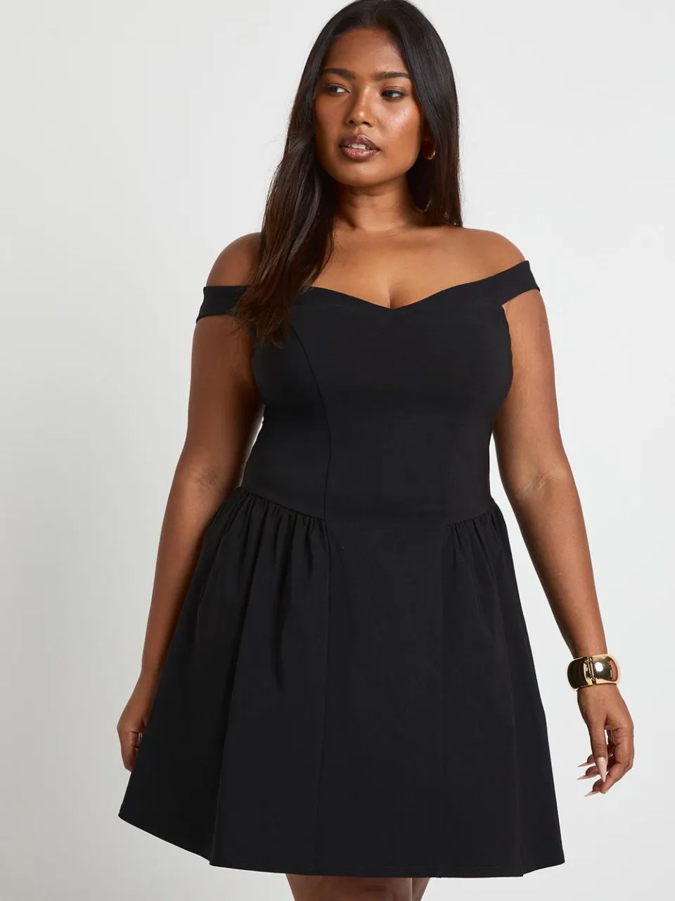 boohoo Dames Plus Bengaline Bardot Skaterjurk zwart, foto 3