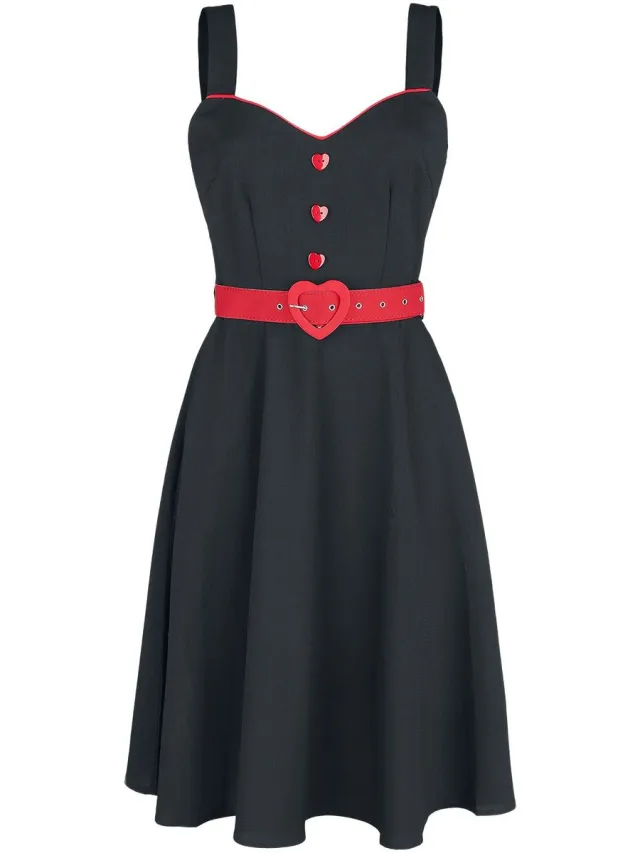 Voodoo Vixen Queen Heart Button Flare Dames Midi-jurk - zwart/rood Zwart;Rood