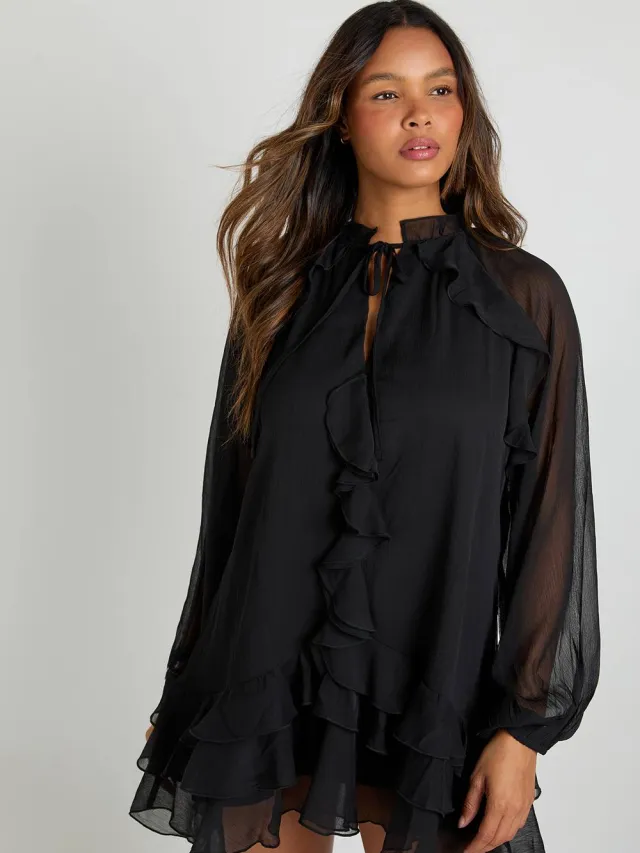 boohoo Dames Chiffon smockjurk met ruches zwart, foto 2