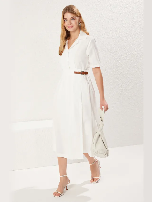 Trendyol TRENDYOLMİLLA Dames Ecru Effen Midi Kort Casual Skater Jurken
