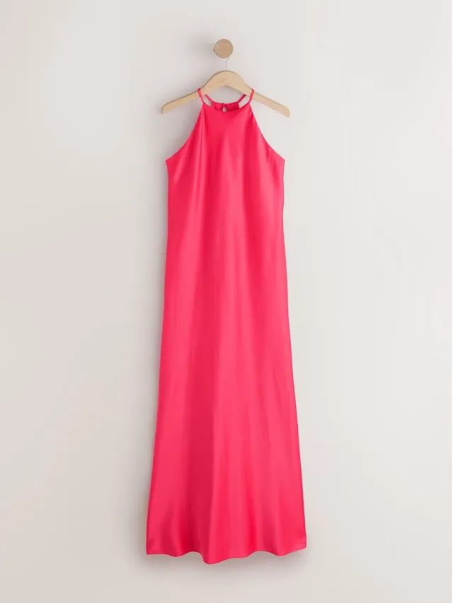 Next Dames - Lange satijnen bruidsmeisjesjurk met halternek - Roze Raspberry Pink