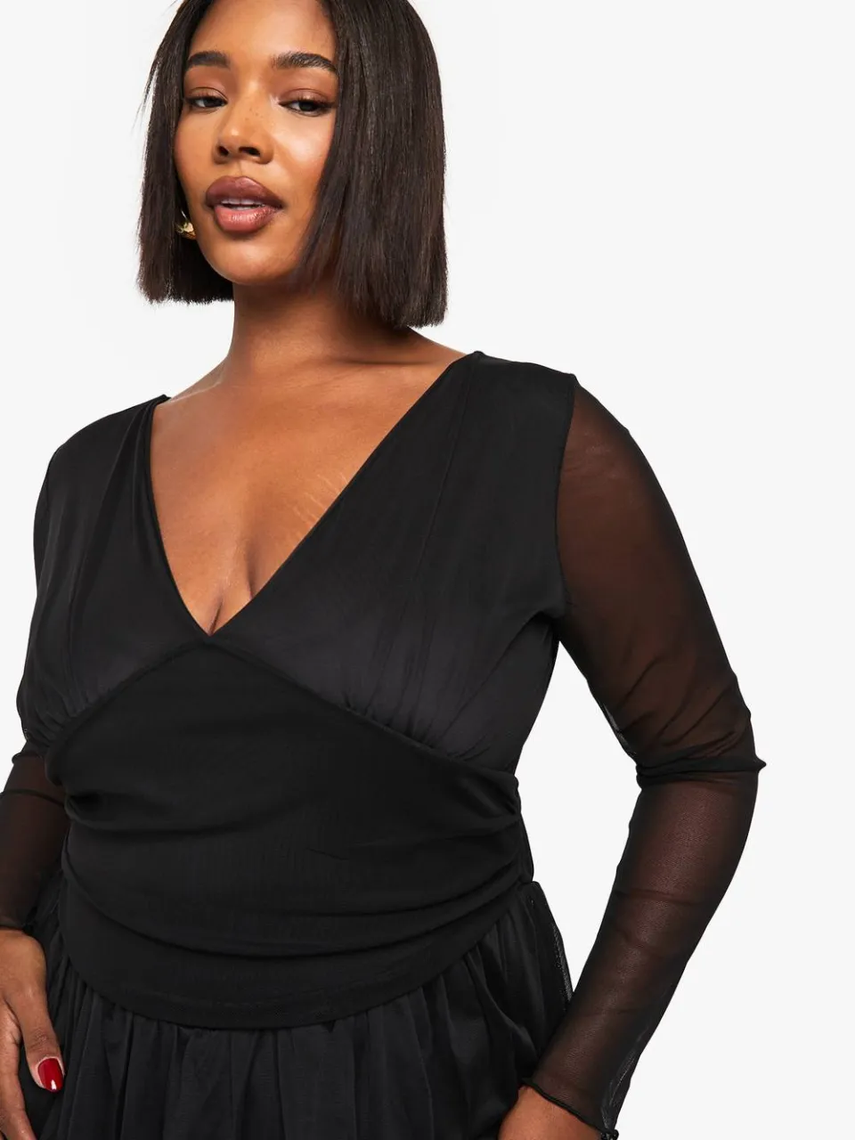 boohoo Dames Plus Plunge Corsetdetail Lange Mouwen Skaterjurk zwart, foto 4