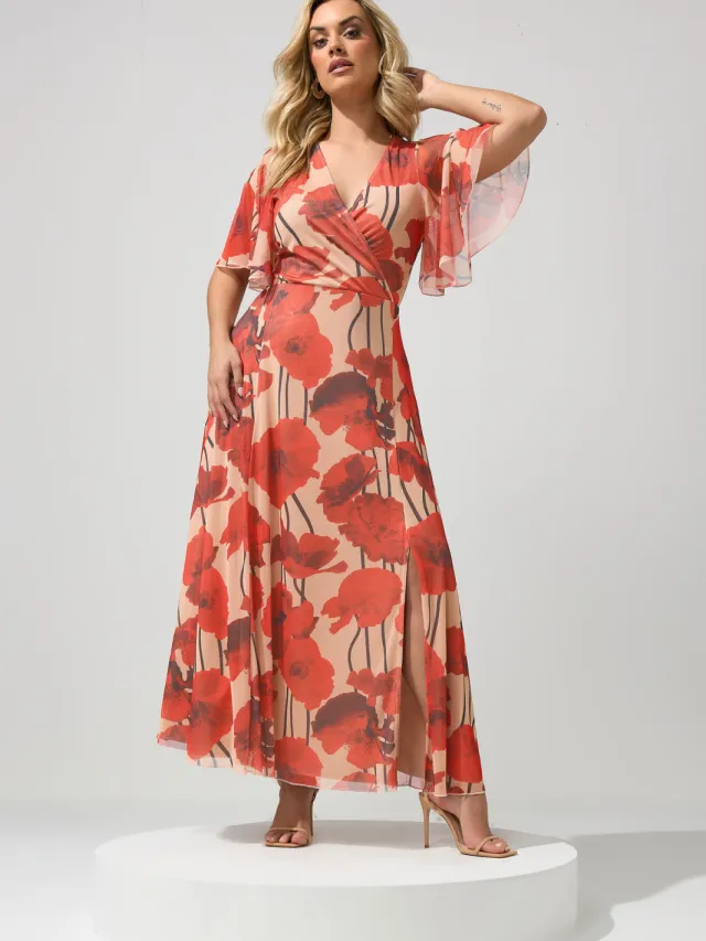Yours London Naturelbruine Bloemenprint Abstracte Mesh Jurk Brown