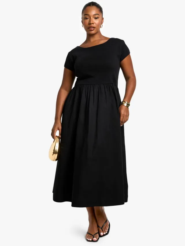 boohoo Dames Plus Rib Katoen Popeline Korte Mouwen Smock Jurk Zwart