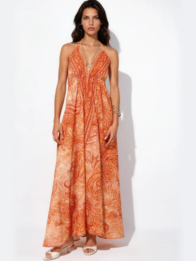 Hiccup Etnisch Gekleed Bohemian Maxi Jurk Oranje