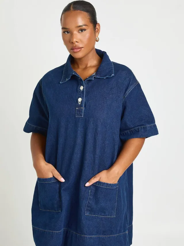 boohoo Dames Plus Korte Mouw Denim Jurk Indigo