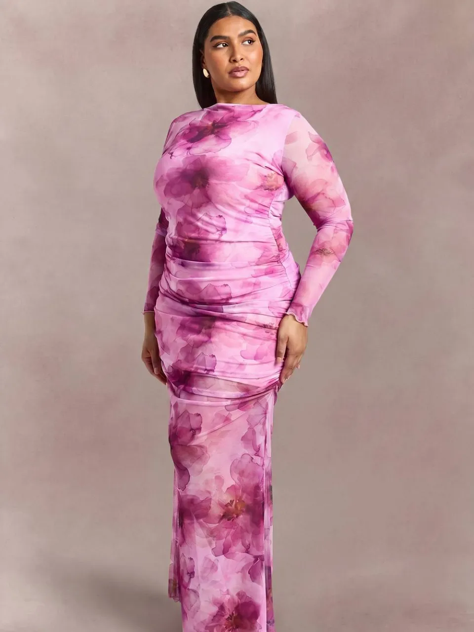 boohoo Dames Plus Gebloemde Mesh Maxi Jurk Met Rimpeldetail roze, foto 3