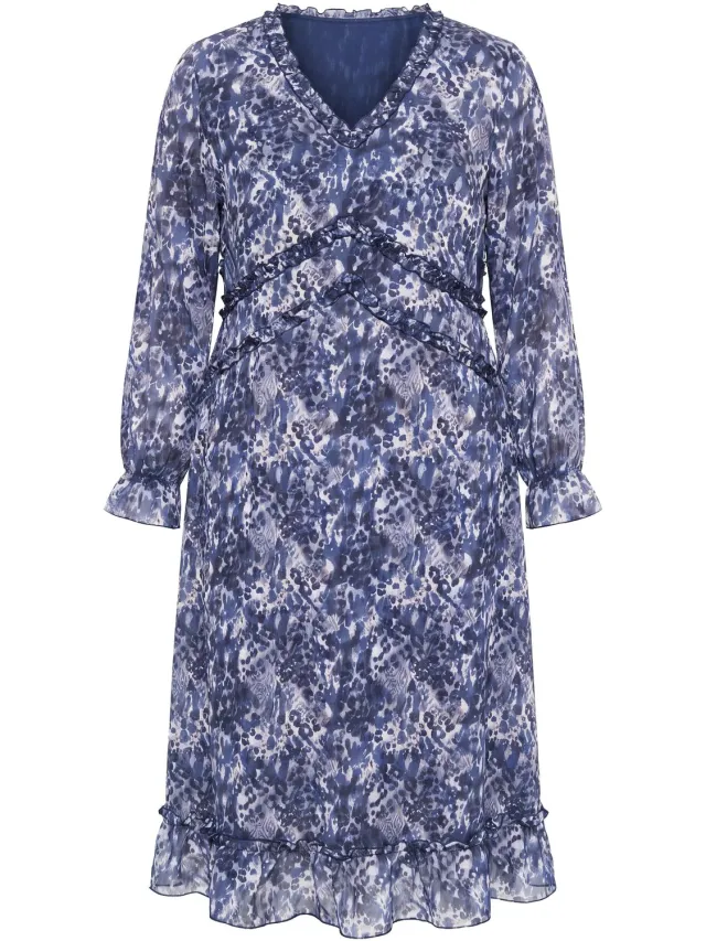 MIAMODA Dames - Midi-jurk A-lijn all-overprint ruches - Donkerblauw