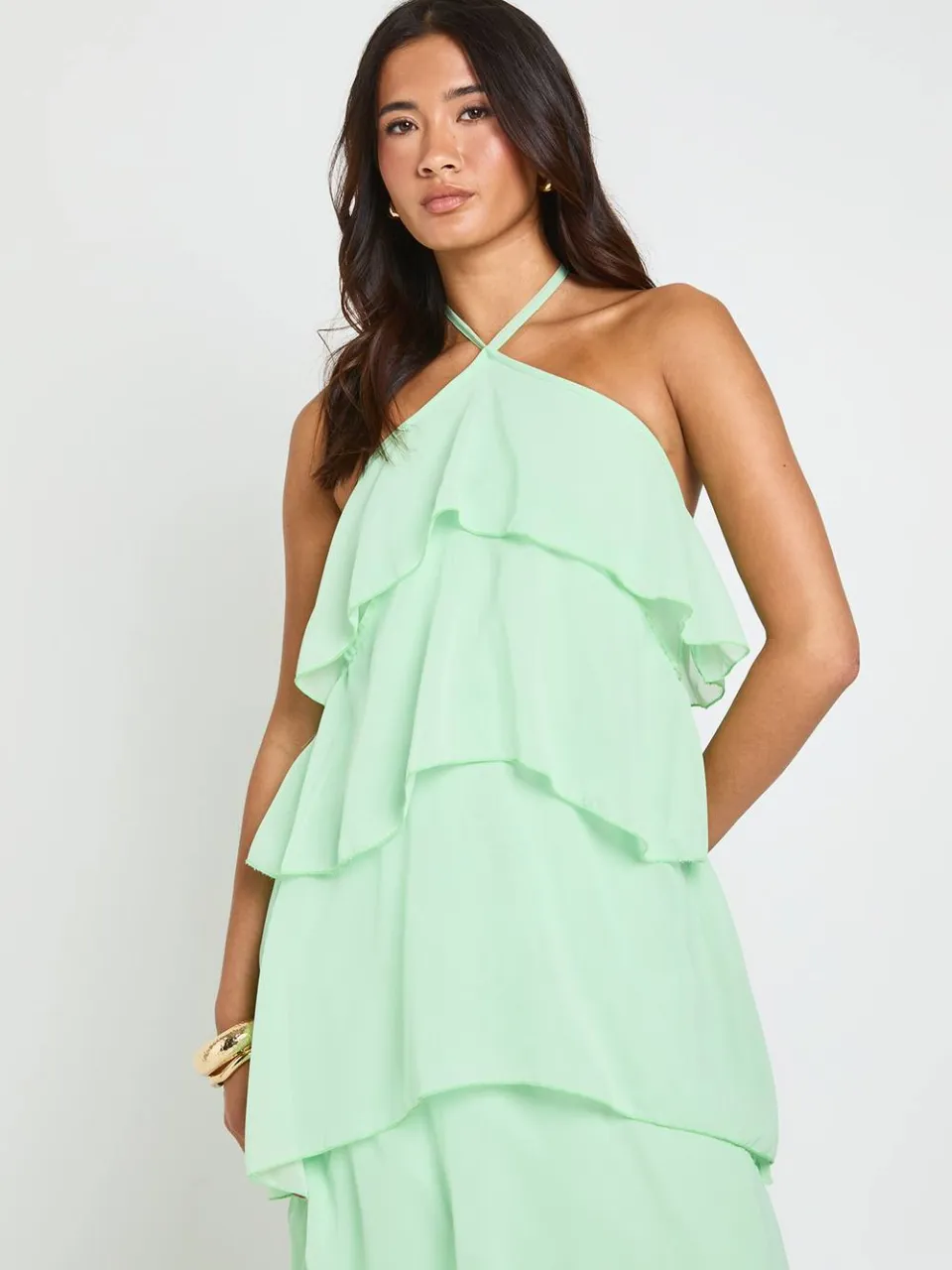 boohoo Dames Chiffon Gelaagde Halternek Maxi Jurk munt, foto 3