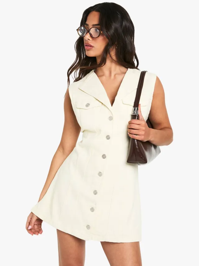 boohoo Dames Petite mouwloze nauwsluitende denim mini jurk Ecru