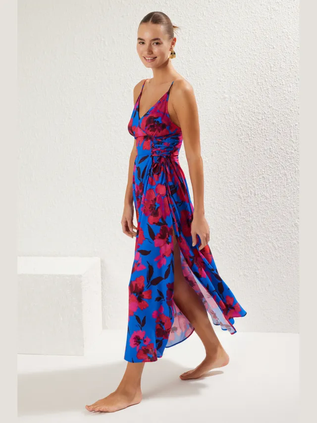 Trendyol TRENDYOLMİLLA Dames Roze Bloemen Maxi Mouwloos Strandkleding Skater Strandjurken, foto 2