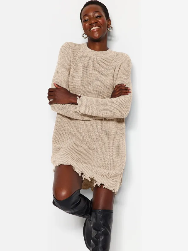 Trendyol TRENDYOLMİLLA Dames Beige Effen Extra Kort / Super Mini Lang Casual Recht Jurken