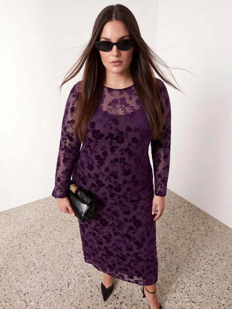 Trendyol Curve Dames Paars Bloemen Maxi Lang Casual A-lijn Grote maten Jurk, foto 2