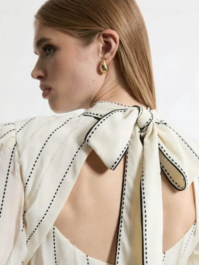 Karen Millen Lange Jurk - Kremkleurig - Met Riem - Standaardkraag - Petite