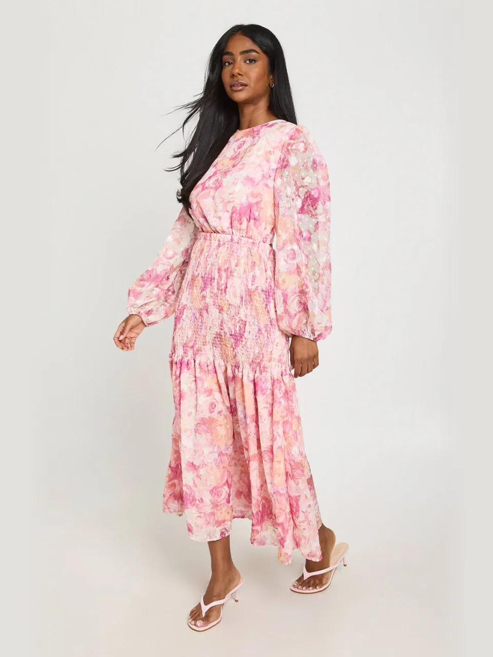 boohoo Dames Jacquard Bloemen Midi-jurk Met Gerimpelde Taille En Open Rug roze, foto 3