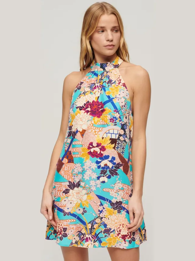 Superdry Mouwloze mini-jurk met print - Dames - Jurken aqua ni hanadukushi