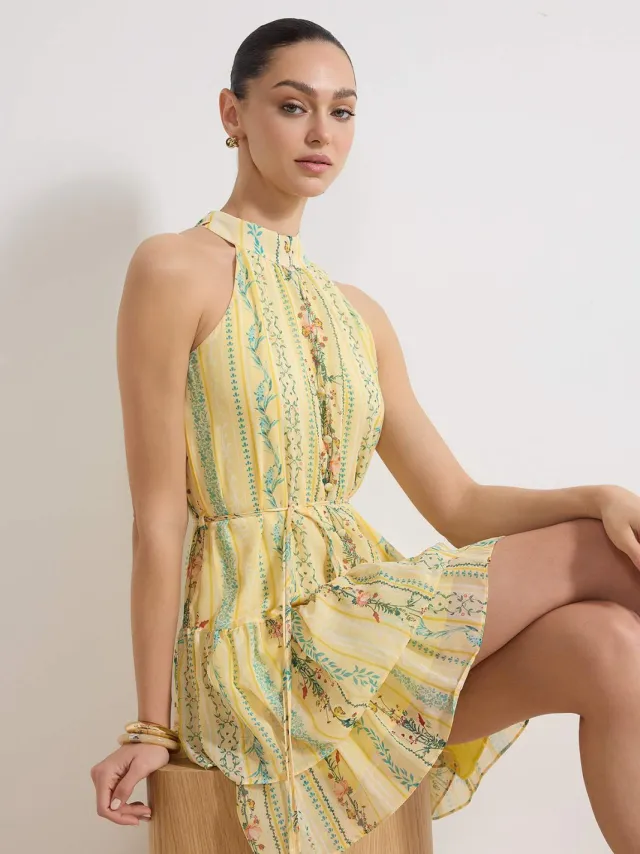 Trendyol TRENDYOLMİLLA Dames Geel Bloemen Kort / Mini Mouwloos Avond / Dagelijks Skater Jurken