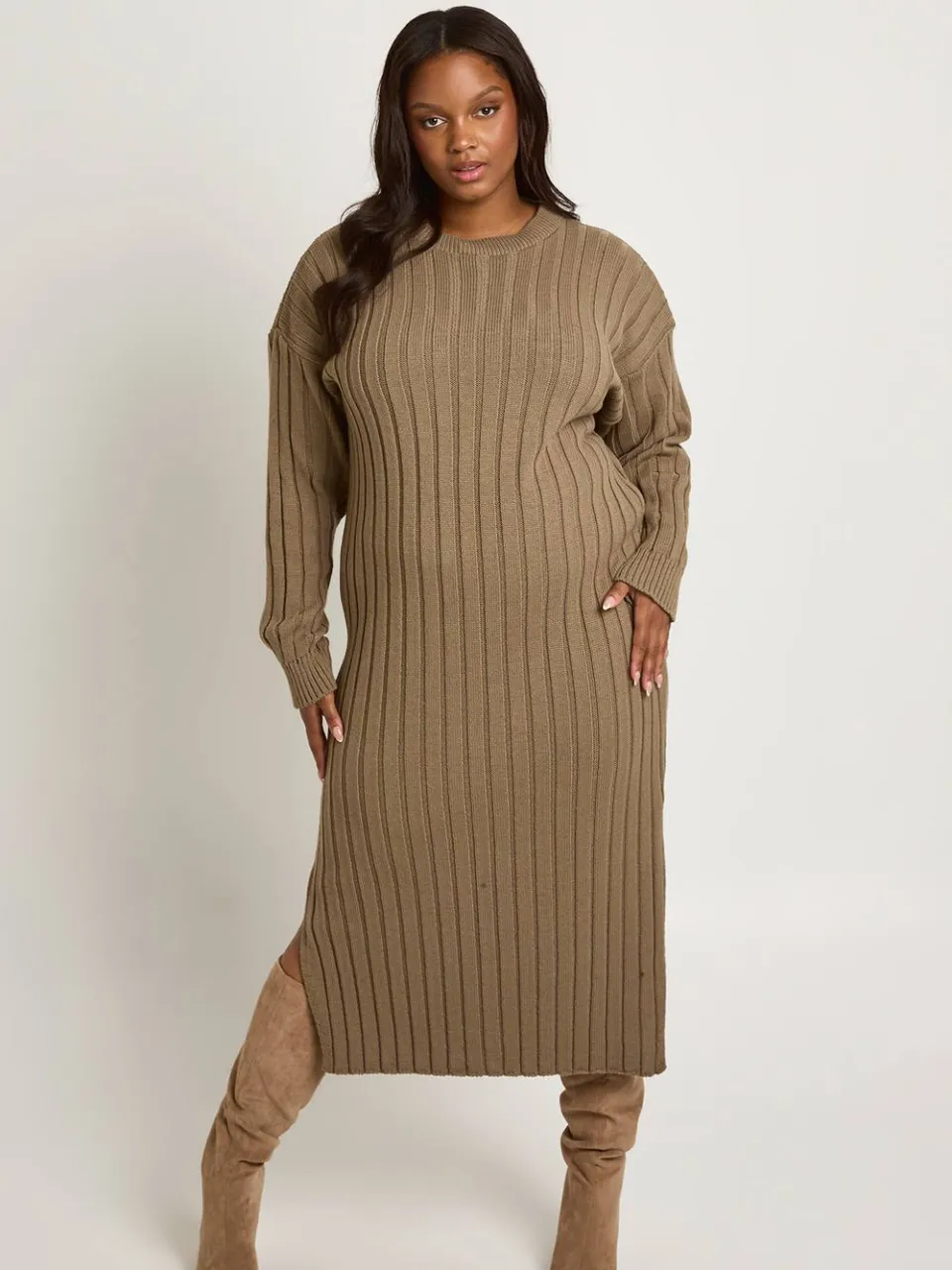 boohoo Dames Plus Dikke Ribgebreide Zachte Midaxi Jurk Steen