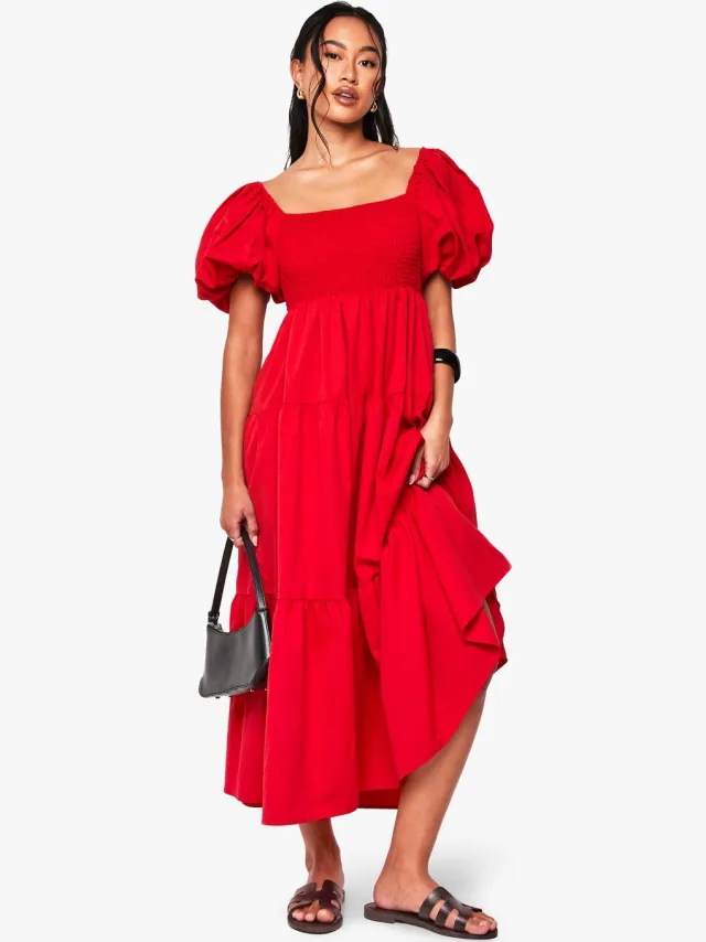 boohoo Dames Gelaagde geplooide Midaxi smockjurk Rood