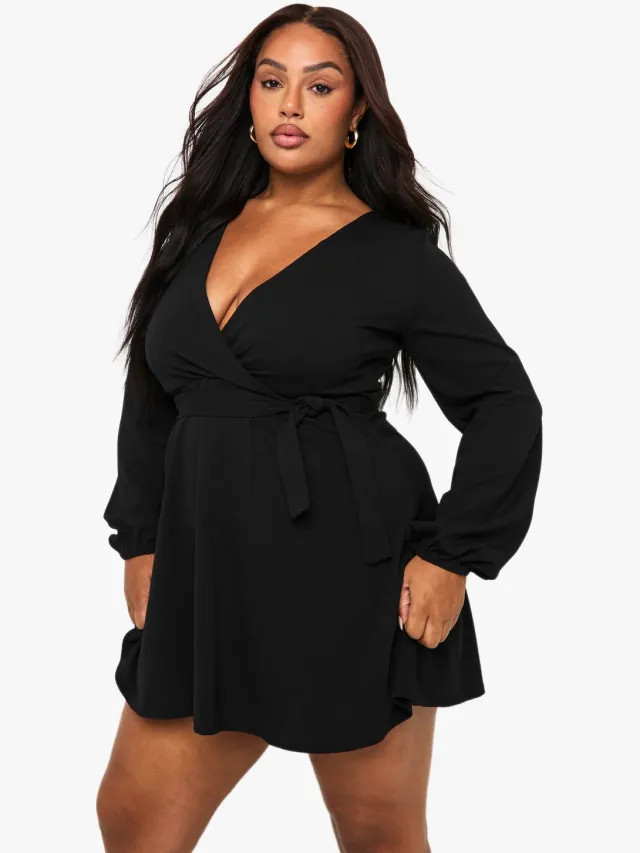 boohoo Dames Plus Wrap Tie Belt Skater Jurk Zwart