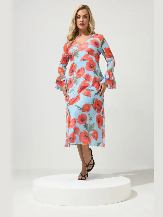 Yours London Lichtblauwe Jurk Met Bloemenprint En Mesh Blue