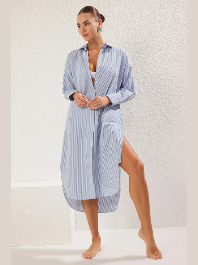 Trendyol TRENDYOLMİLLA Dames Meerkleurig Gestreept Midi Lang Strandkleding Blousejurk Jurken Blauw