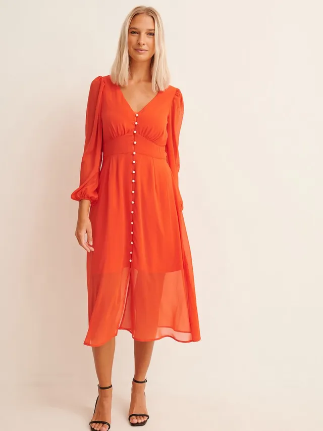 NA-KD Button Front Slit Dress Dames Jurk Spicy Red