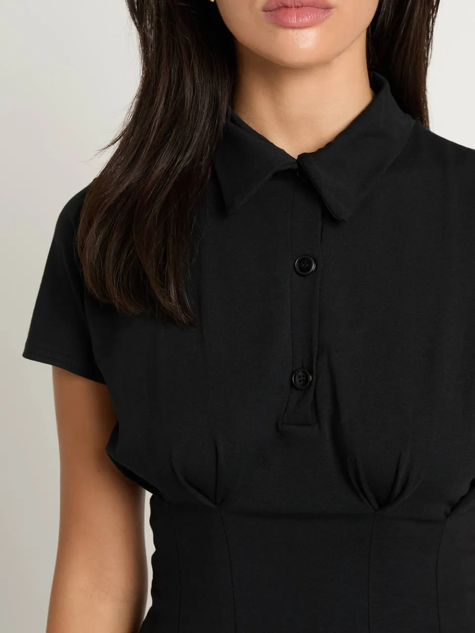 boohoo Dames Katoenen Geplooide Mini-jurk Met Kraag zwart, foto 4