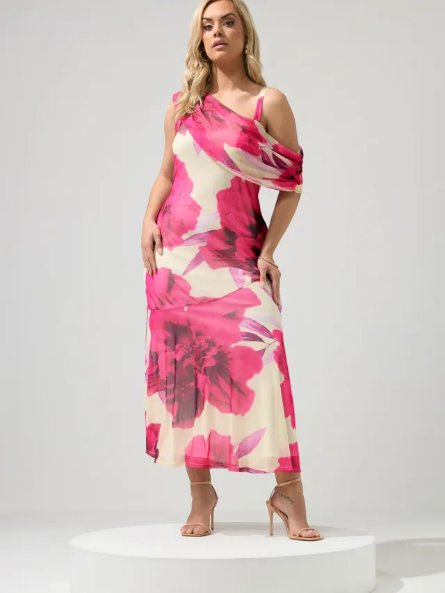Yours London Witte Jurk Met Wazige Bloemenprint En Gedrapeerde Schouders White