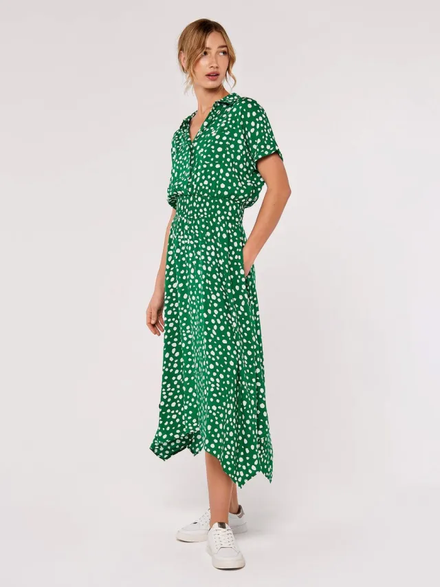 Apricot Midi-jurk met schilderachtige stippen en smockwerk Groen