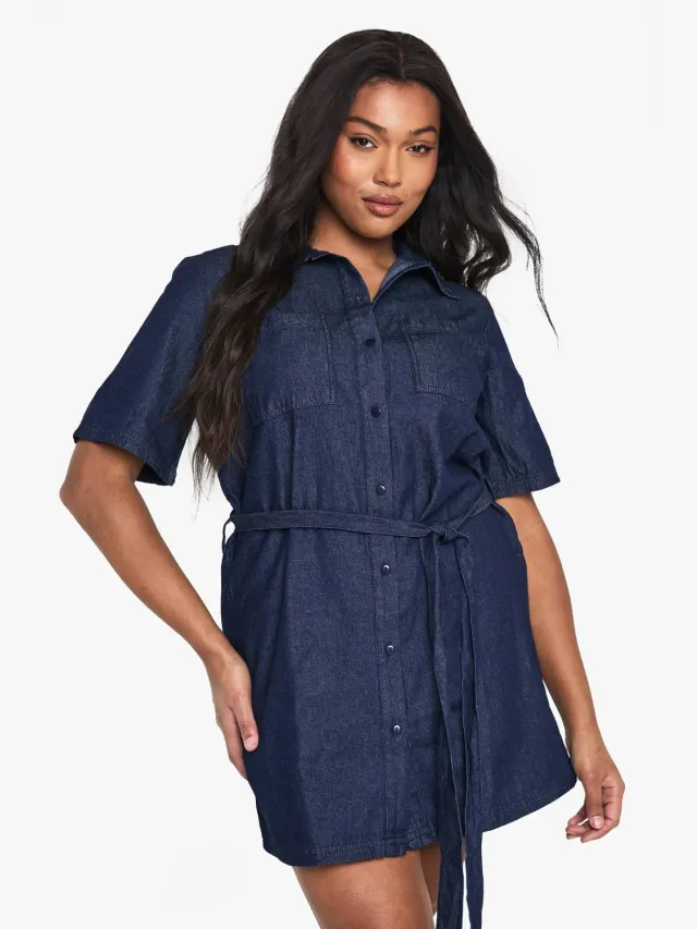 boohoo Dames Plus Chambray Denim Jurk met Bindriem Indigo