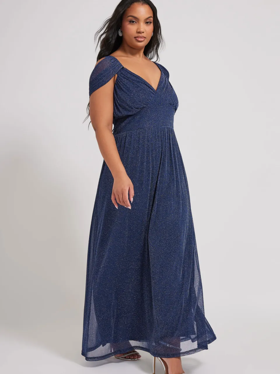 Yours London Maxijurk Met Blote Schouders In Metallic Donkerblauw blauw, foto 2