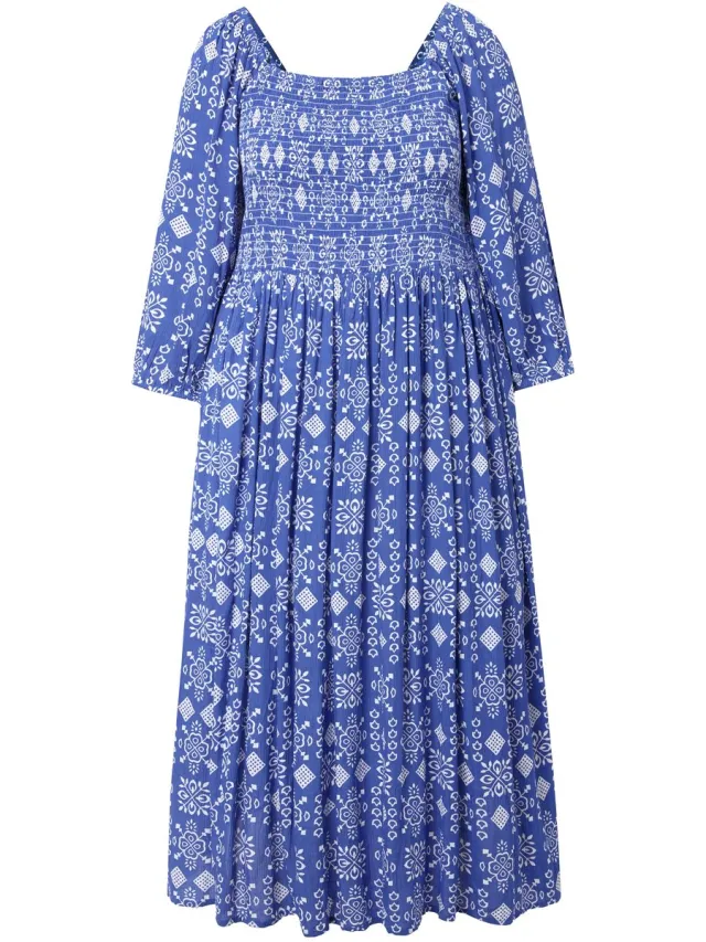 Ulla Popken Dames - Maxi-jurk A-lijn carréhals 3/4-mouwen - Korenbloemblauw - Maat 54+