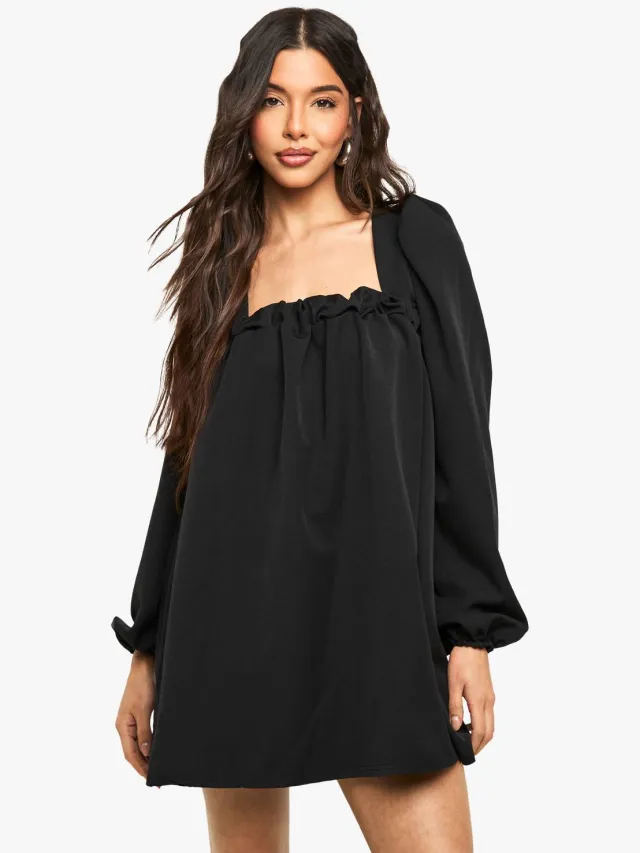 boohoo Dames Long Sleeve Puff Sleeve Smock Dress Zwart