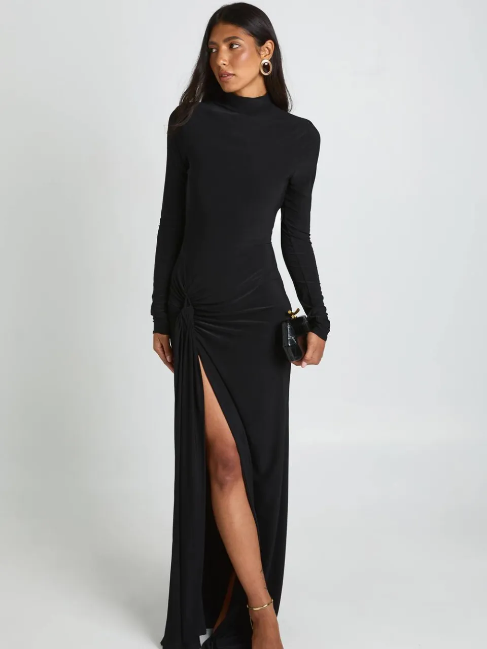 boohoo Dames Lange Maxi-jurk Met Knoopdetail, Lange Mouwen En Dijhoge Split zwart, foto 2